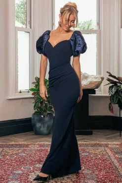 Jacquard Puff Sleeve Sweetheart Scuba Maxi Dress - Navy Blue by Goddiva