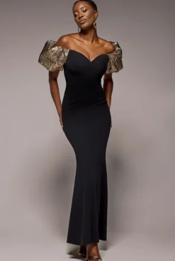 Jacquard Puff Sleeve Sweetheart Scuba Maxi Dress - Black by Goddiva
