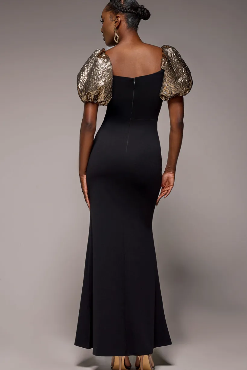 Jacquard Puff Sleeve Sweetheart Scuba Maxi Dress - Black by Goddiva