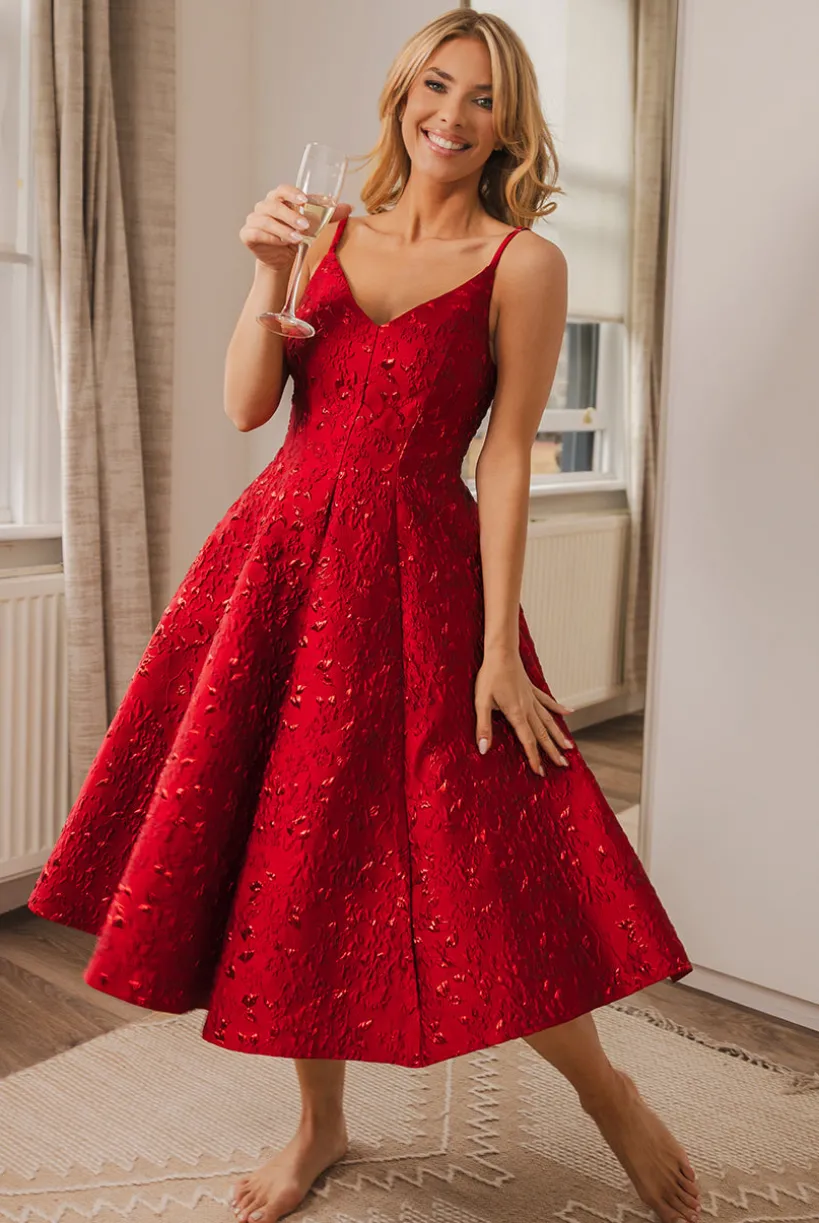 Jacquard Sleeveless A-line Midi Dress - Red by Goddiva