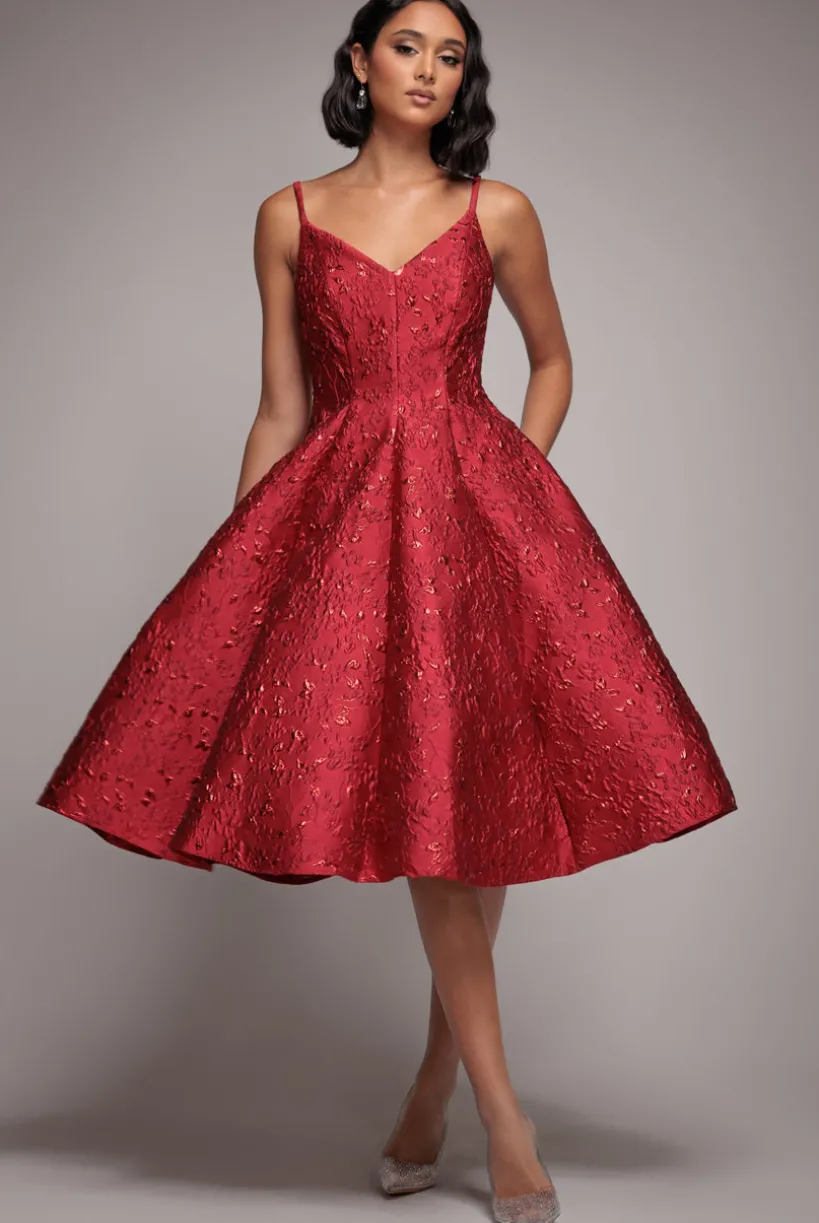 Jacquard Sleeveless A-line Midi Dress - Red by Goddiva