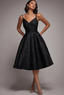 Jacquard Sleeveless A-line Midi Dress - Black by Goddiva