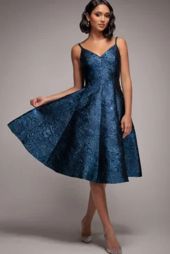 Jacquard Sleeveless A-line Midi Dress - Navy Blue by Goddiva