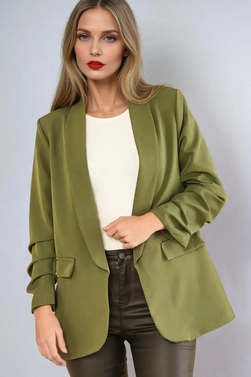 Khaki Blazer With Ruched Sleeves by Aftershock London