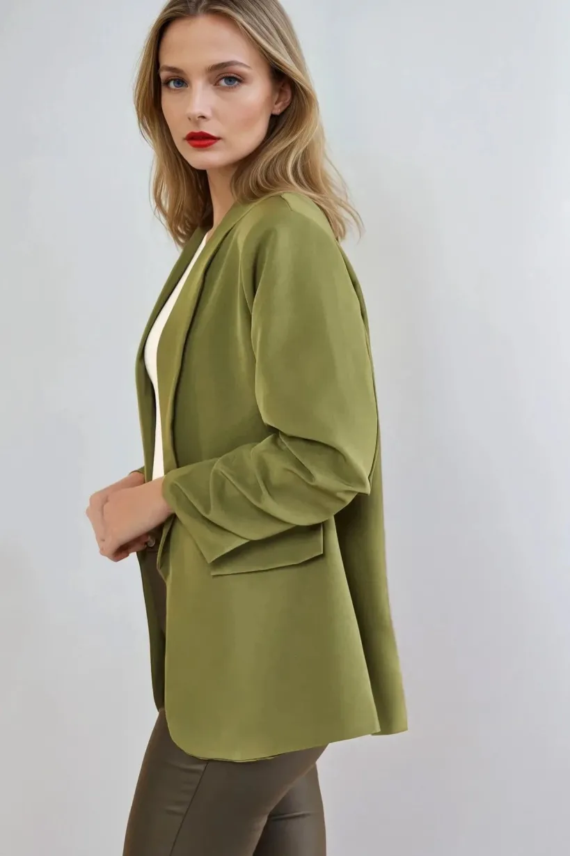 Khaki Blazer With Ruched Sleeves by Aftershock London