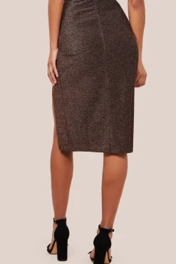 Knot Front Thigh Split Midi Skirt - Bronze by Goddiva