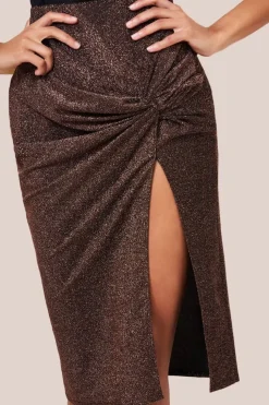 Knot Front Thigh Split Midi Skirt - Bronze by Goddiva