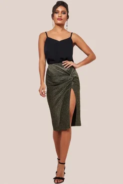Knot Front Thigh Split Midi Skirt - Gold by Goddiva