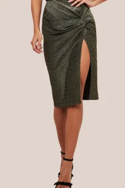 Knot Front Thigh Split Midi Skirt - Gold by Goddiva