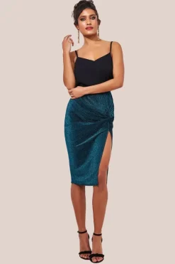 Knot Front Thigh Split Midi Skirt - Blue by Goddiva