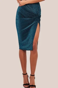 Knot Front Thigh Split Midi Skirt - Blue by Goddiva