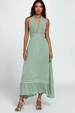 Lace Detail Adjustable Deep V Neckline Maxi Dress In Green by FS Collection