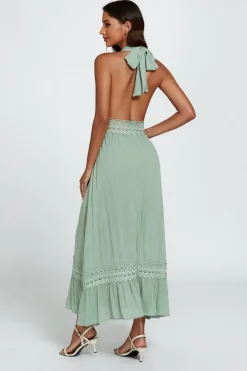 Lace Detail Adjustable Deep V Neckline Maxi Dress In Green by FS Collection