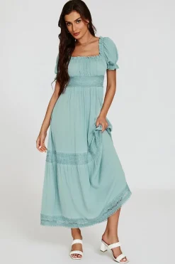 Lace Detail Bardot Maxi Dress In Blue by FS Collection