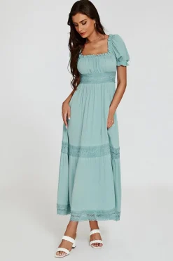 Lace Detail Bardot Maxi Dress In Blue by FS Collection