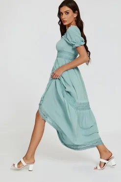 Lace Detail Bardot Maxi Dress In Blue by FS Collection