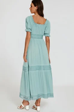 Lace Detail Bardot Maxi Dress In Blue by FS Collection