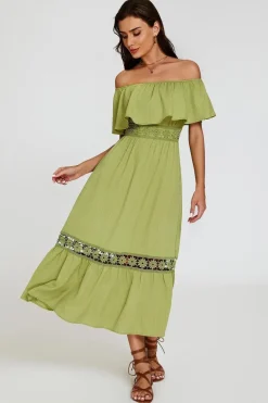 Lace Detail Bardot Maxi Dress In Green by FS Collection