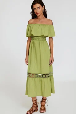 Lace Detail Bardot Maxi Dress In Green by FS Collection