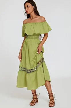 Lace Detail Bardot Maxi Dress In Green by FS Collection