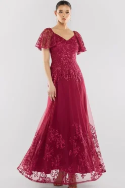Lace Flutter Sleeve Embroidered Mesh A Line Maxi Dress - Burgundy by Goddiva