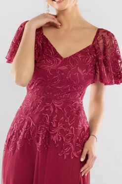 Lace Flutter Sleeve Embroidered Mesh A Line Maxi Dress - Burgundy by Goddiva