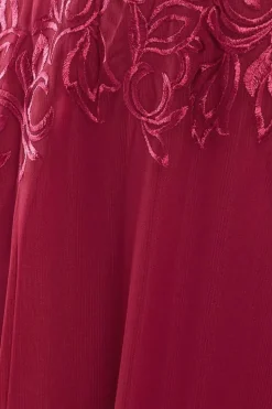 Lace Flutter Sleeve Embroidered Mesh A Line Maxi Dress - Burgundy by Goddiva