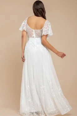 Lace Flutter Sleeve Embroidered Mesh A Line Maxi Dress - White by Goddiva