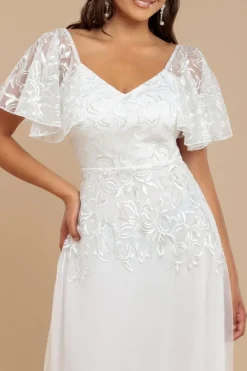 Lace Flutter Sleeve Embroidered Mesh A Line Maxi Dress - White by Goddiva