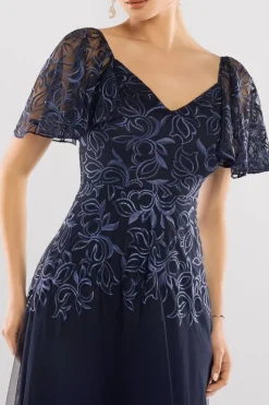 Lace Flutter Sleeve Embroidered Mesh A Line Maxi Dress - Navy Blue by Goddiva