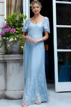 Lace Flutter Sleeve Embroidered Mesh A Line Maxi Dress - Blue by Goddiva