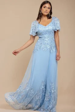 Lace Flutter Sleeve Embroidered Mesh A Line Maxi Dress - Blue by Goddiva