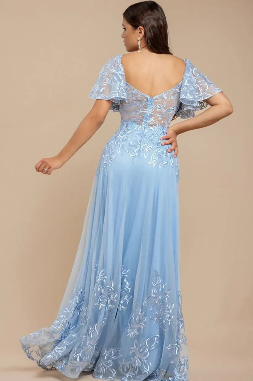 Lace Flutter Sleeve Embroidered Mesh A Line Maxi Dress - Blue by Goddiva