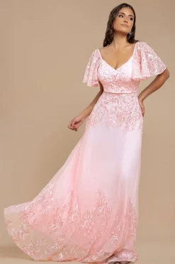 Lace Flutter Sleeve Embroidered Mesh A Line Maxi Dress - Pink by Goddiva