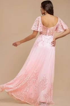 Lace Flutter Sleeve Embroidered Mesh A Line Maxi Dress - Pink by Goddiva