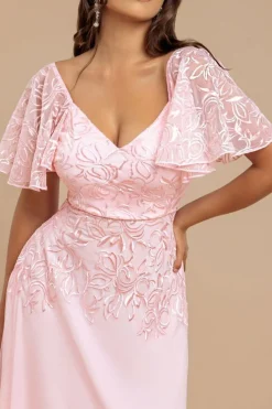 Lace Flutter Sleeve Embroidered Mesh A Line Maxi Dress - Pink by Goddiva