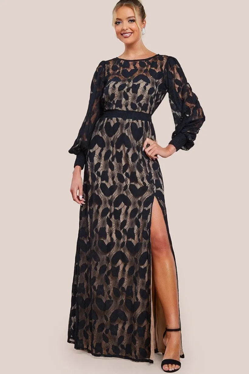 Lace Front Split Long Sleeve Maxi Dress - Black by Goddiva