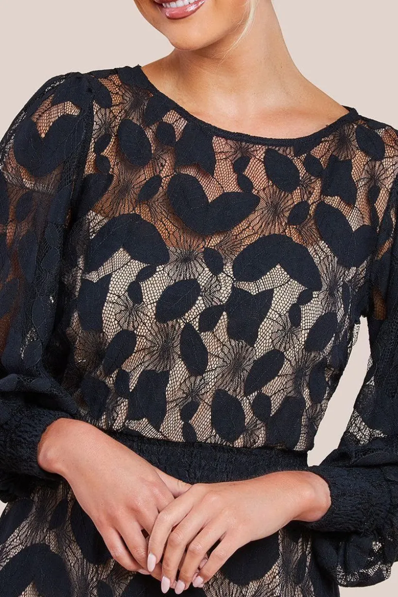 Lace Front Split Long Sleeve Maxi Dress - Black by Goddiva