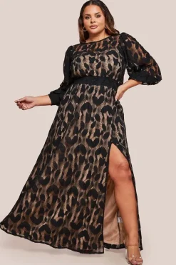 Lace Front Split Long Sleeve Maxi Dress - Black by Goddiva Plus