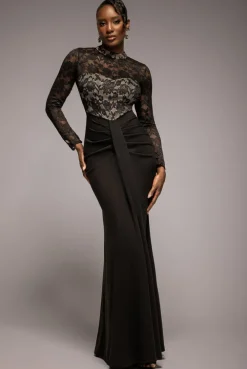 Lace High Neck Sheer Bodice Long Sleeve Maxi Dress - Black by Goddiva