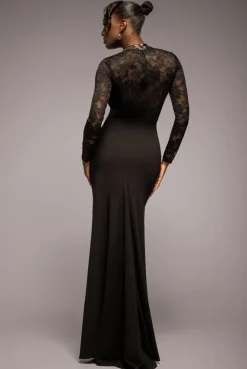 Lace High Neck Sheer Bodice Long Sleeve Maxi Dress - Black by Goddiva