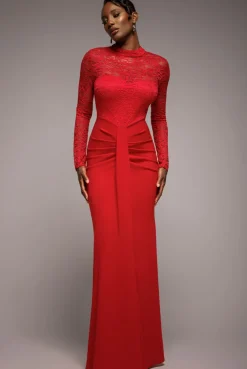 Lace High Neck Sheer Bodice Long Sleeve Maxi Dress - Red by Goddiva
