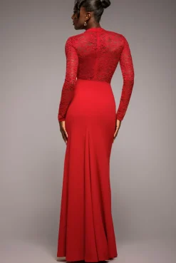 Lace High Neck Sheer Bodice Long Sleeve Maxi Dress - Red by Goddiva