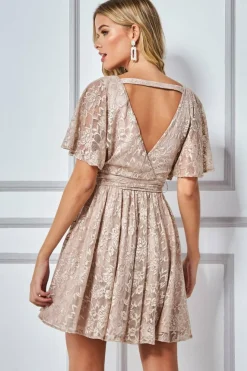 Lace Kimono Wrap Skater Mini Dress - Stone by Goddiva
