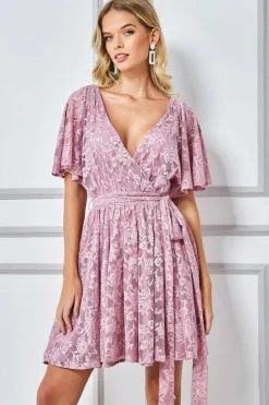 Lace Kimono Wrap Skater Mini Dress - Mauve by Goddiva