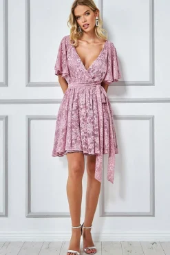 Lace Kimono Wrap Skater Mini Dress - Mauve by Goddiva
