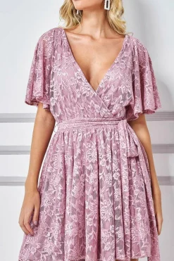 Lace Kimono Wrap Skater Mini Dress - Mauve by Goddiva