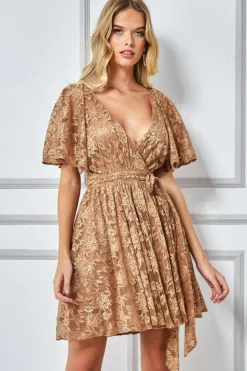 Lace Kimono Wrap Skater Mini Dress - Tan by Goddiva