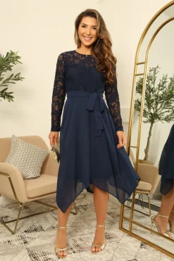 Lace Long Sleeve Handkerchief Hem Midi Dress by Double Second