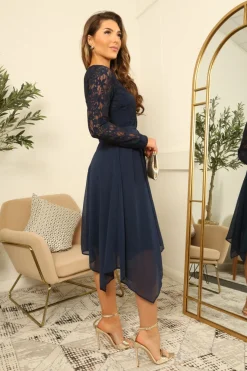Lace Long Sleeve Handkerchief Hem Midi Dress by Double Second
